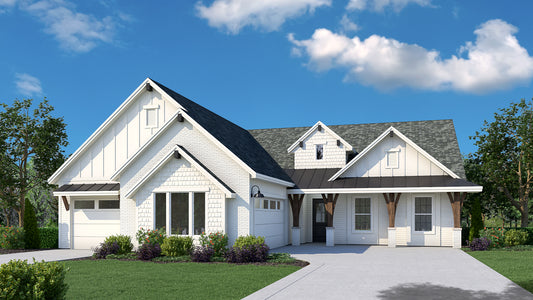 Digital rendering of a modern farmhouse-style floorplan named "Alpine Legacy" from Highland Homes in Eagle, ID.  The house is depicted with a clean, white exterior and grey roof shingles, enhancing its contemporary look.