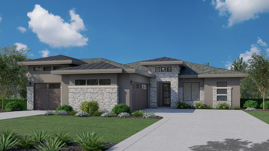 The Alpine Haven floorplan by Highland Homes of Eagle, ID;  Prairie exterior, featuring a modern design with a combination of gray and beige colors, a large window, and a covered entrance.