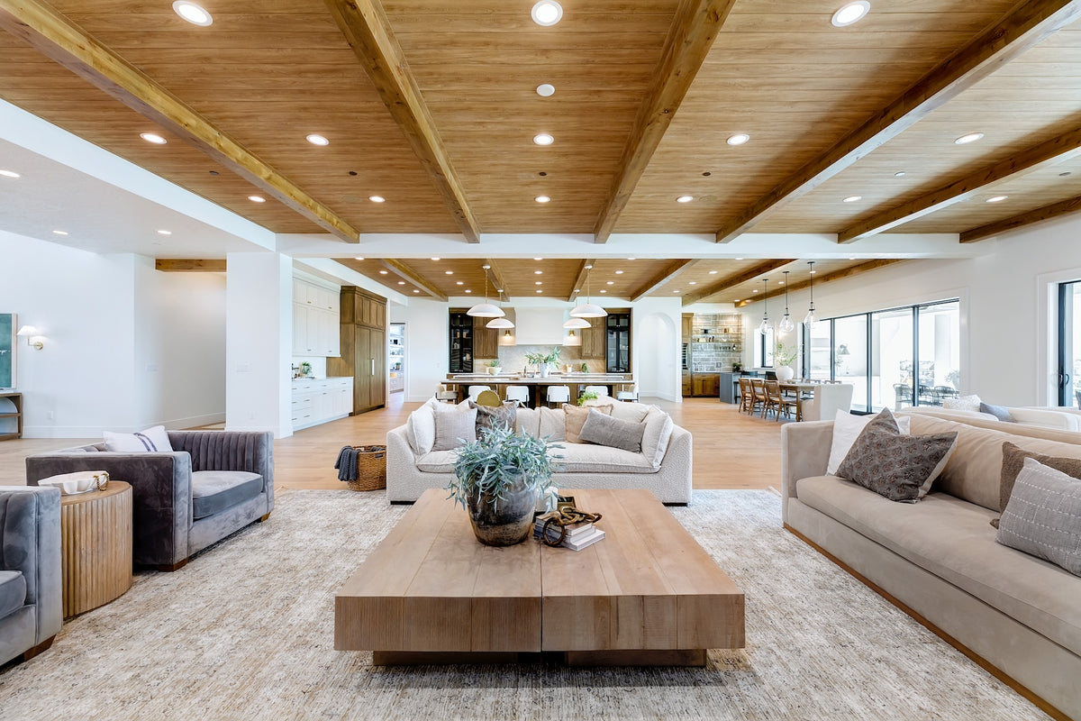 Highland Homes- Parade of Homes -  expansive great room and kitchen with stained wood ceilings in Eagle, ID. 