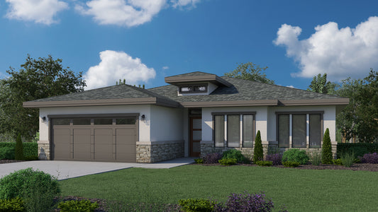 Highland Homes' single-story Lewiston floorplan with a stone and stucco exterior with a mixture of gray and brown stucco and stone.